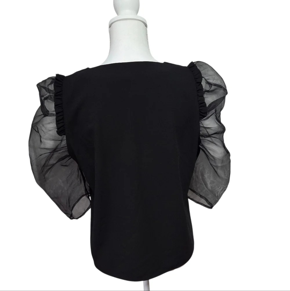 Crosby by Mollie Burch Black Sheer Puff Sleeves Statement Top Womens Medium